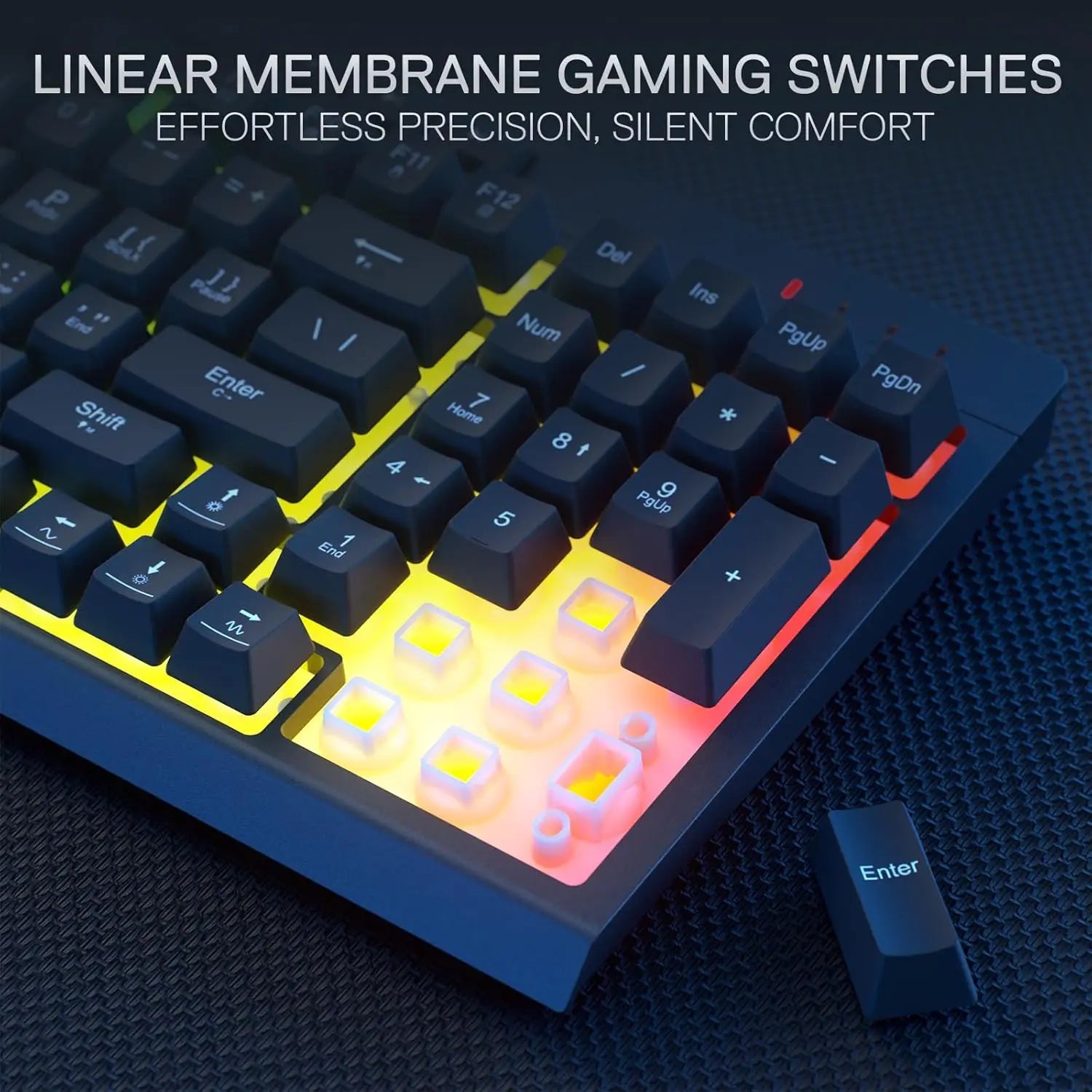 Redragon K515 PRO wireless gaming keyboard close up with RGB backlight and removed keycaps revealing linear membrane switches