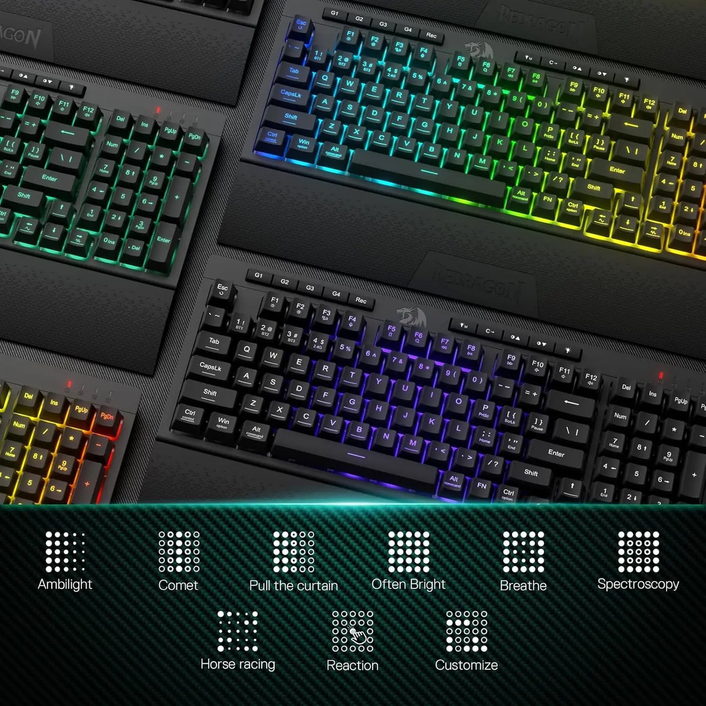 Shophouse Northwest Redragon K515 PRO wireless gaming keyboard shown with RGB backlighting and multiple lighting modes