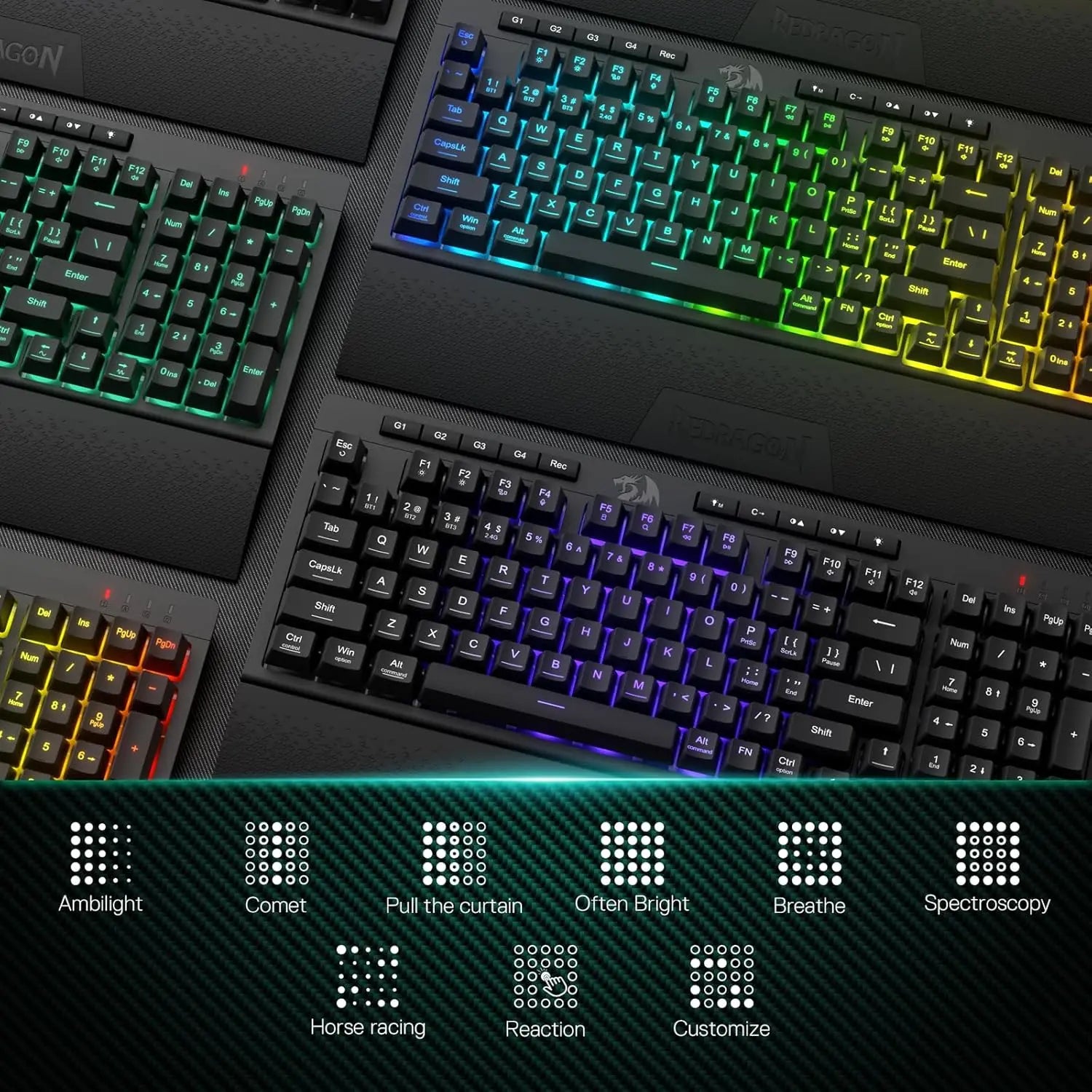Shophouse Northwest Redragon K515 PRO wireless gaming keyboard shown with RGB backlighting and multiple lighting modes