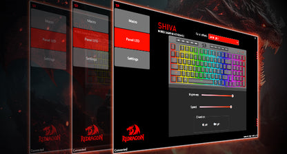 Redragon K515 PRO wireless gaming keyboard displayed in Shiva software with rainbow RGB lighting and customization panel