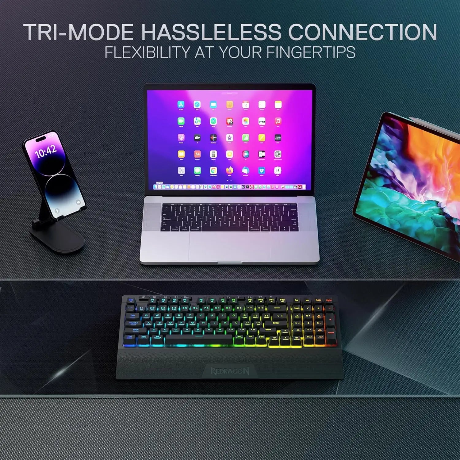 Shophouse Northwest Redragon K515 PRO wireless gaming keyboard RGB backlit with wrist rest and tri mode connectivity
