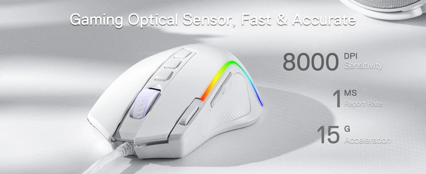 Shophouse Northwest Redragon M612 Predator gaming mouse white wired RGB ergonomic design with multiple buttons and 8000 DPI text