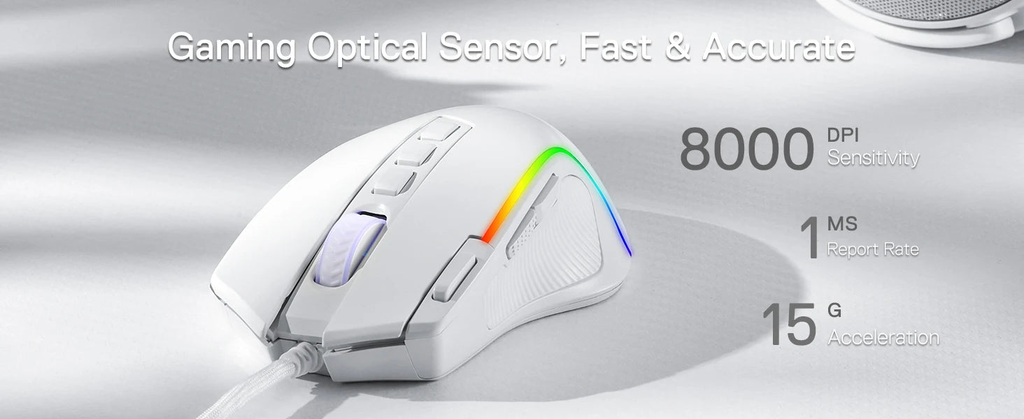 Shophouse Northwest Redragon M612 Predator gaming mouse white wired RGB ergonomic design with multiple buttons and 8000 DPI text