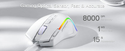 Shophouse Northwest Redragon M612 Predator gaming mouse white wired RGB ergonomic design with multiple buttons and 8000 DPI text