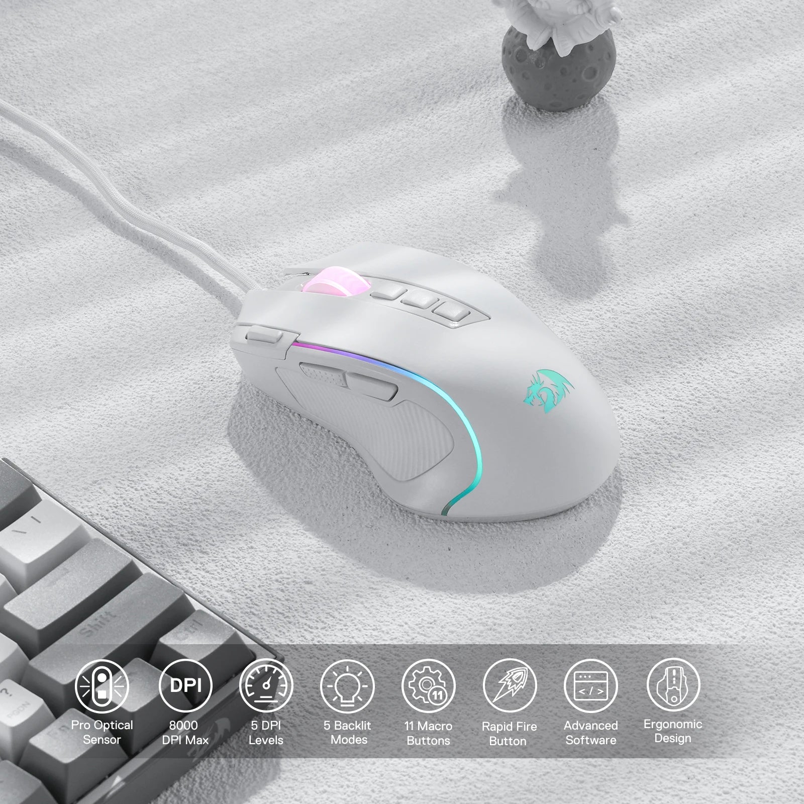 Shophouse Northwest Redragon M612 Predator gaming mouse white wired ergonomic RGB lighting and side buttons