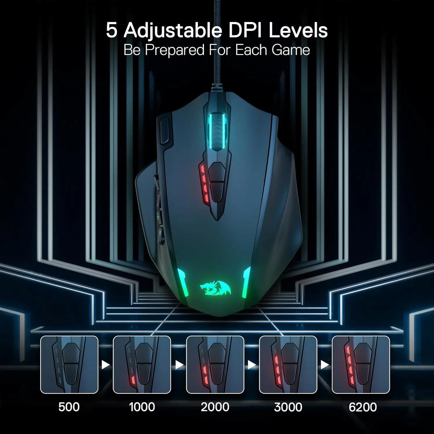 Redragon M908 gaming mouse by Shophouse Northwest black wired RGB lights five adjustable DPI levels