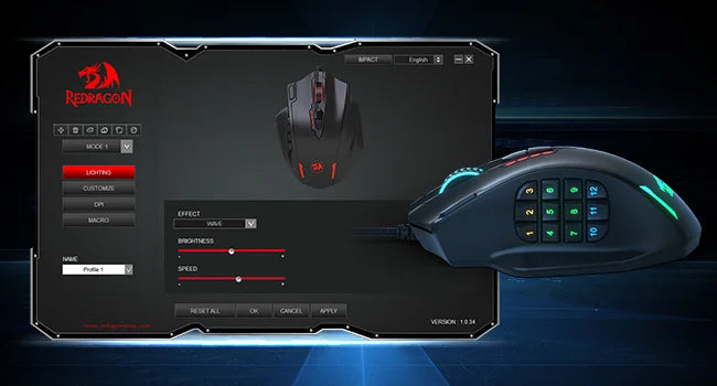 Redragon M908 gaming mouse black ergonomic with 12 button side keypad RGB lighting shown with configuration software