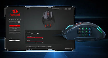 Redragon M908 gaming mouse black ergonomic with 12 button side keypad RGB lighting shown with configuration software