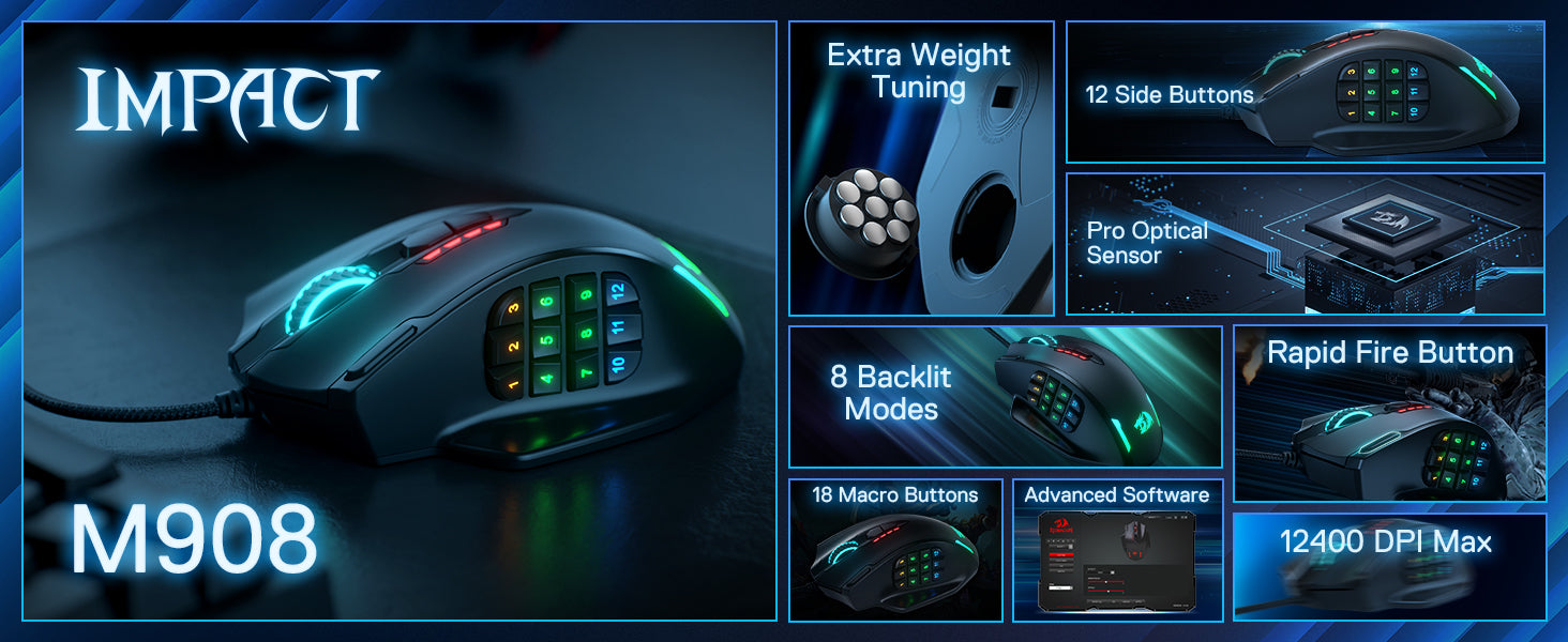 Shophouse Northwest Redragon M908 gaming mouse black ergonomic RGB with 18 programmable side buttons and braided cable
