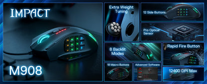 Shophouse Northwest Redragon M908 gaming mouse black ergonomic RGB with 18 programmable side buttons and braided cable