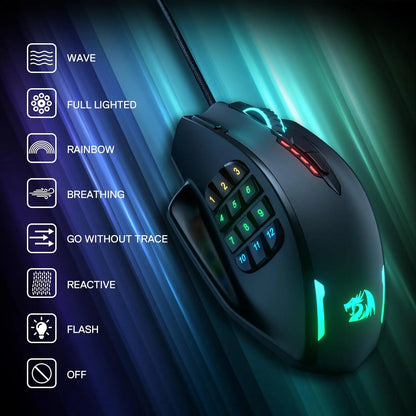 Shophouse Northwest Redragon M908 gaming mouse black ergonomic with 12 button side keypad RGB lighting braided cable