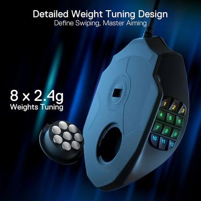 Shophouse Northwest Redragon M908 gaming mouse underside showing 8 weight tuning tray and RGB side keypad
