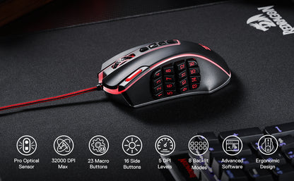 Shophouse Northwest Redragon M990 32000 DPI wired gaming mouse. Black red ergonomic RGB mouse with 16 side buttons