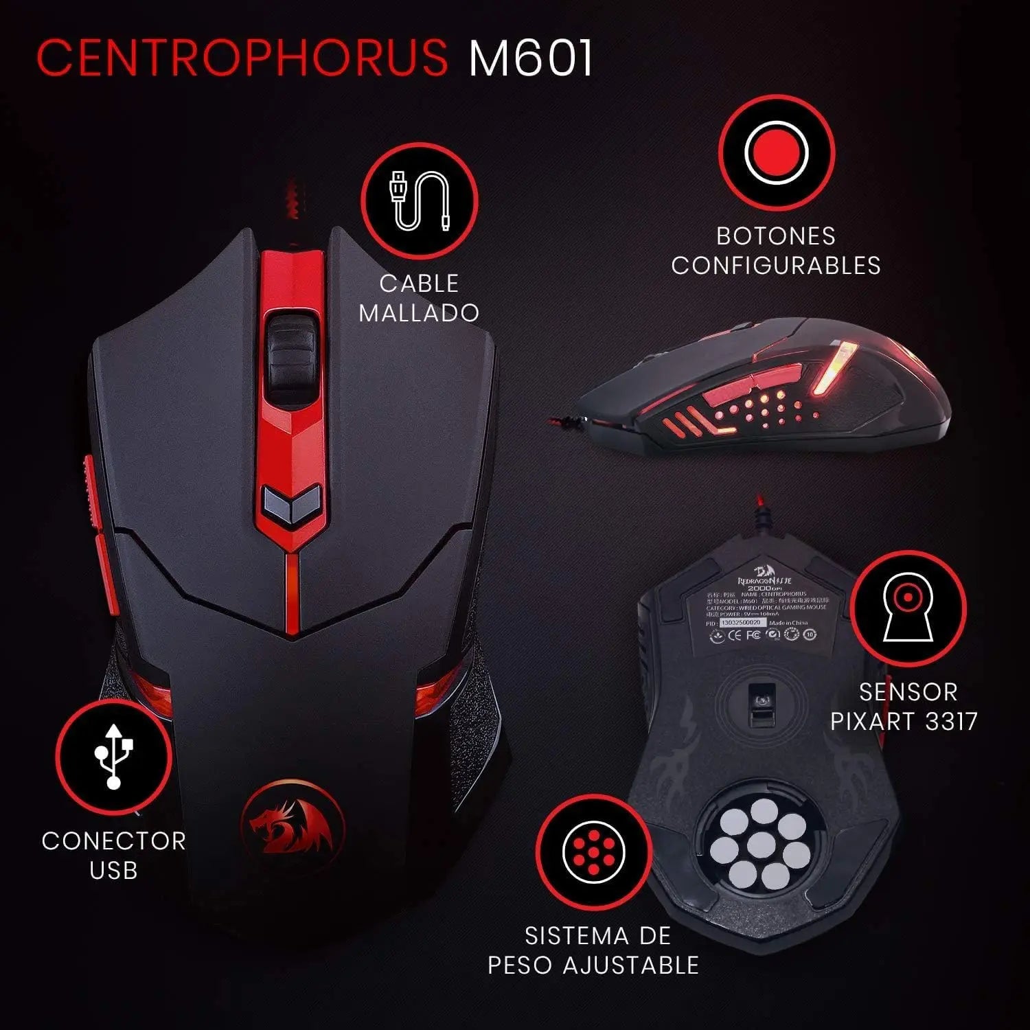 Shophouse Northwest Redragon S101 gaming keyboard mouse combo black red mouse with braided cable and adjustable weights