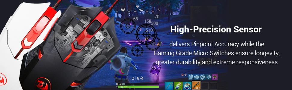 Redragon S101 gaming keyboard mouse combo with red black gaming mouse showing internal sensor and gameplay background