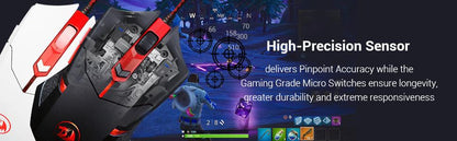 Redragon S101 gaming keyboard mouse combo with red black gaming mouse showing internal sensor and gameplay background