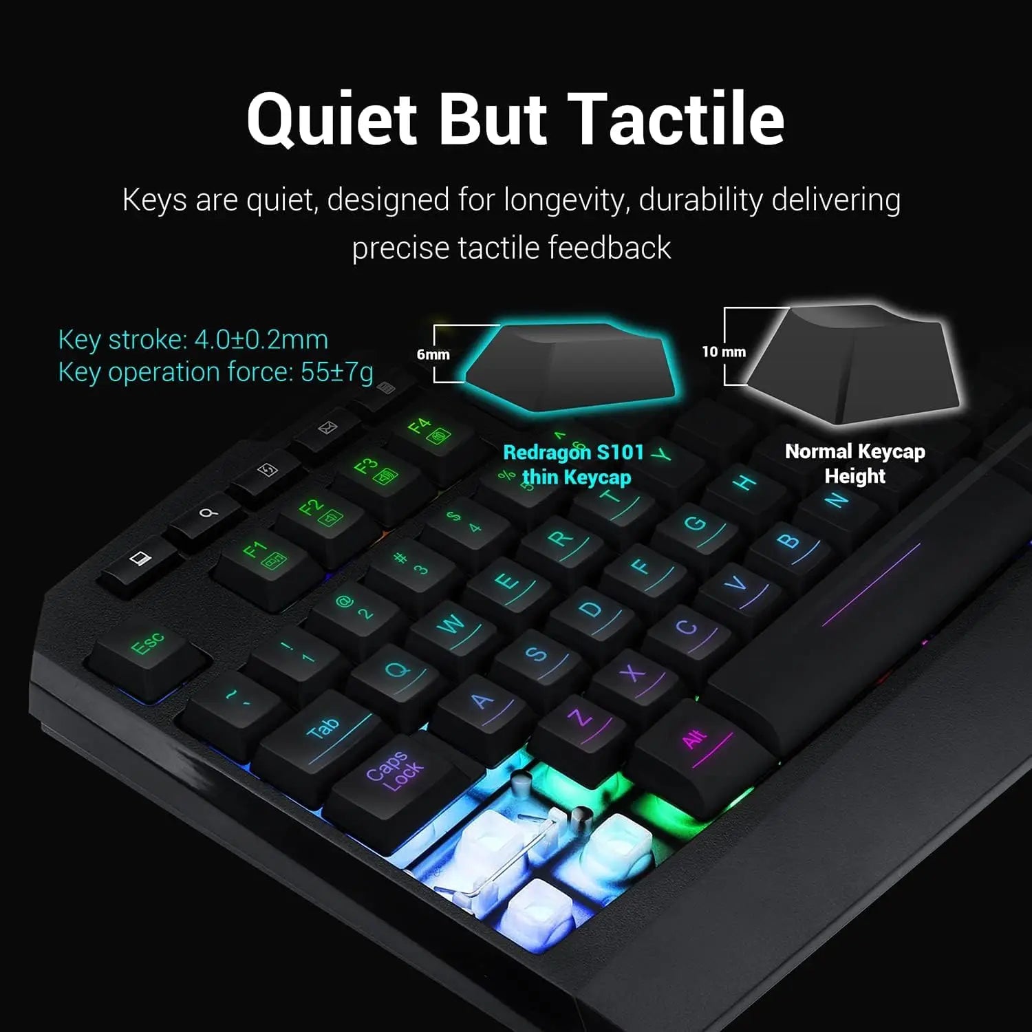 Shophouse Northwest Redragon S101 gaming keyboard mouse combo close up of black RGB keyboard with thin tactile quiet keycaps