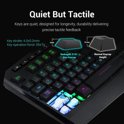 Shophouse Northwest Redragon S101 gaming keyboard mouse combo close up of black RGB keyboard with thin tactile quiet keycaps