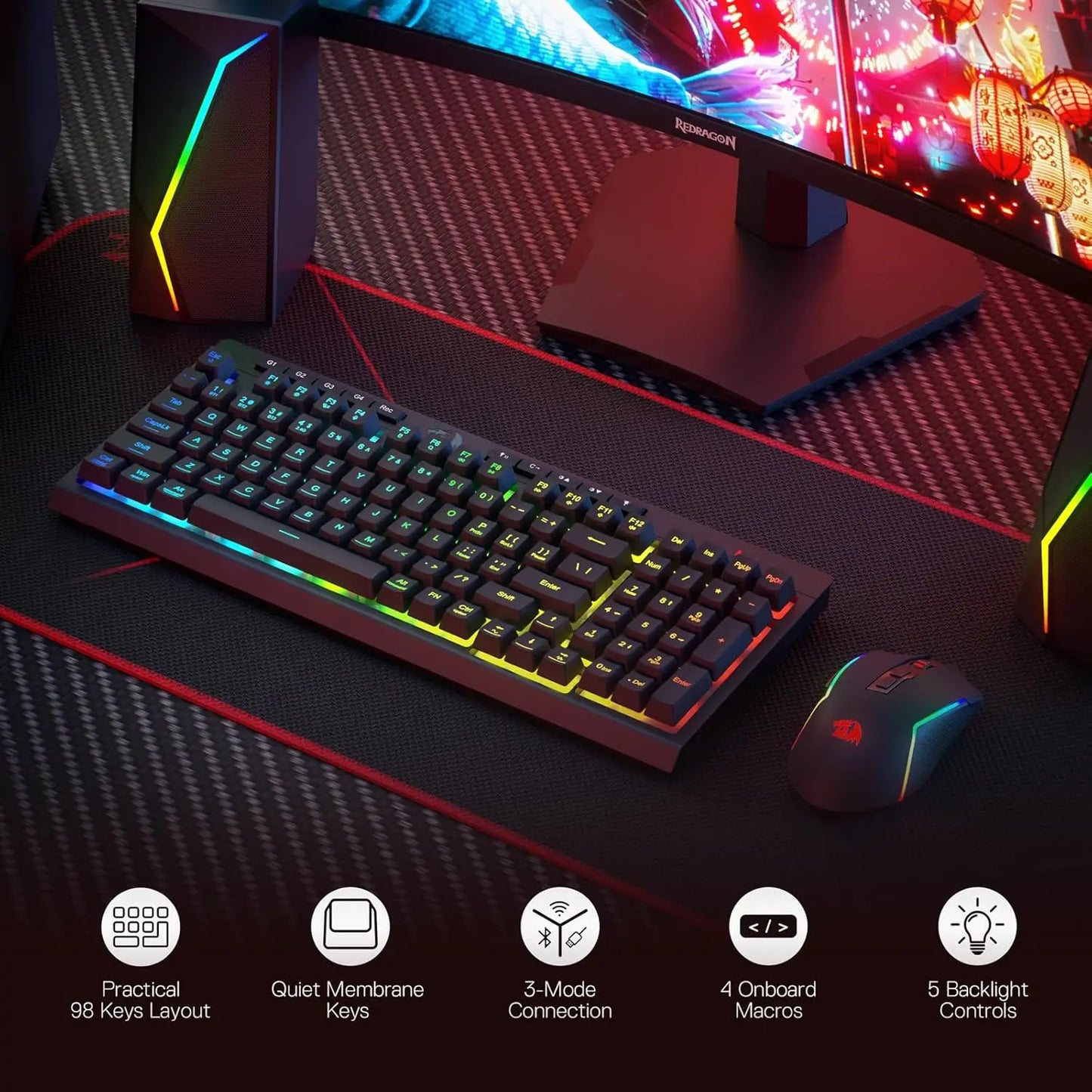 Shophouse Northwest Redragon wireless gaming keyboard and mouse set with RGB backlight and compact 98 key layout