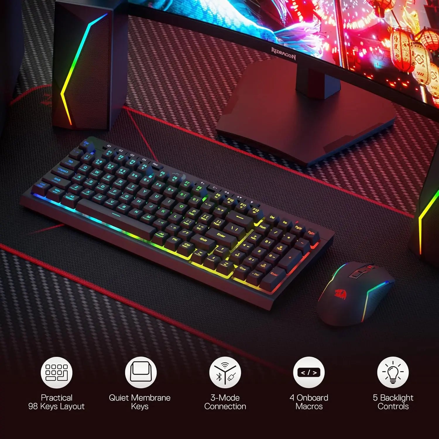 Shophouse Northwest Redragon wireless gaming keyboard and mouse set with RGB backlight and compact 98 key layout