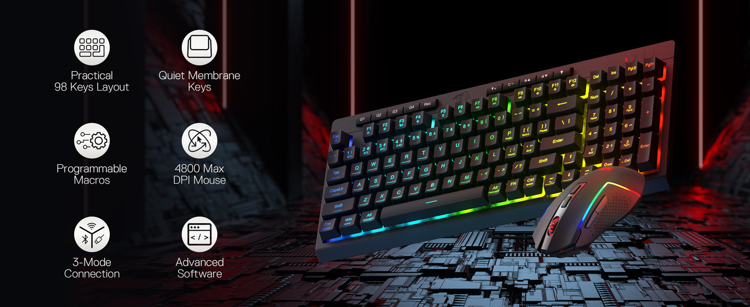 Shophouse Northwest Redragon wireless gaming keyboard and RGB mouse set on black circuit background