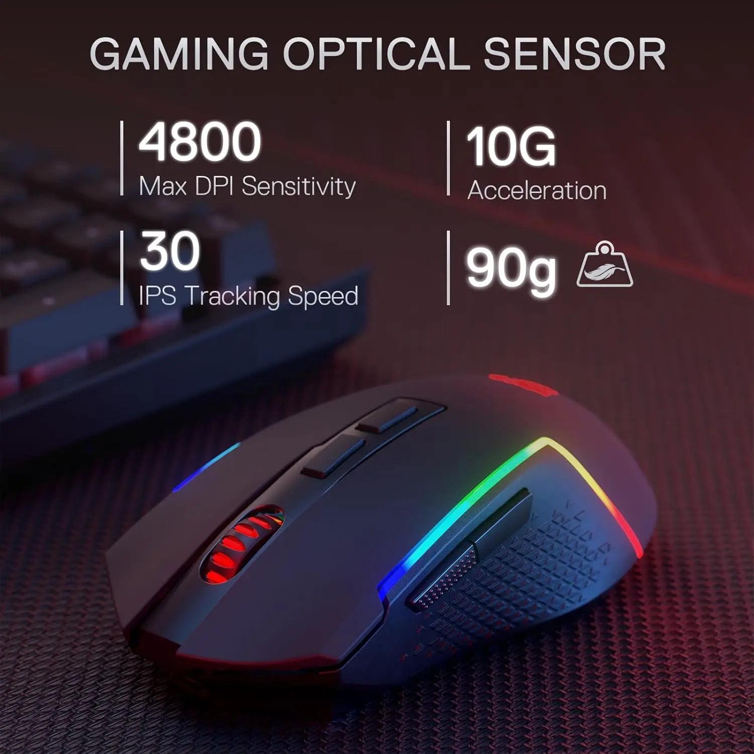 Redragon wireless gaming keyboard listing image showing RGB gaming mouse with 4800 DPI optical sensor