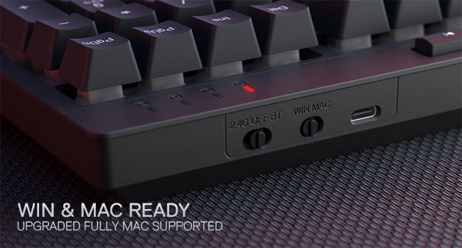 Shophouse Northwest Redragon wireless gaming keyboard closeup showing Win Mac switch USB C port and red LED indicator