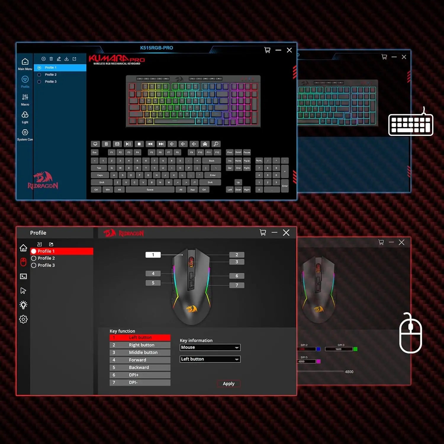 Shophouse Northwest Redragon wireless gaming keyboard software showing RGB lighting profiles and mouse button mapping