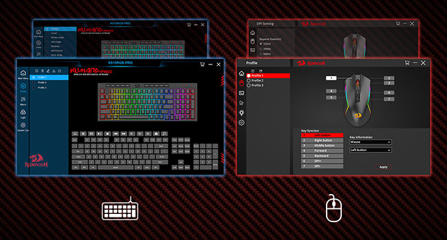 Shophouse Northwest software interface showing Redragon wireless gaming keyboard RGB layout and mouse button mapping