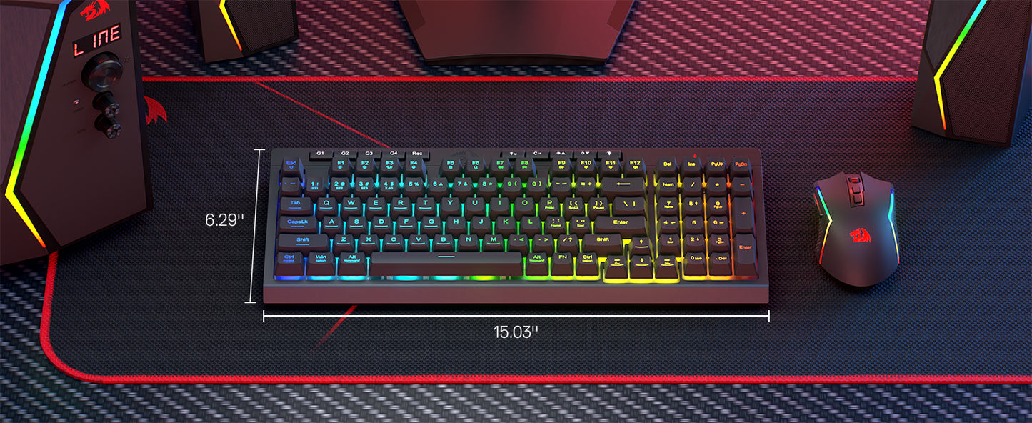 Shophouse Northwest Redragon wireless gaming keyboard and RGB mouse on large RGB desk mat showing dimensions