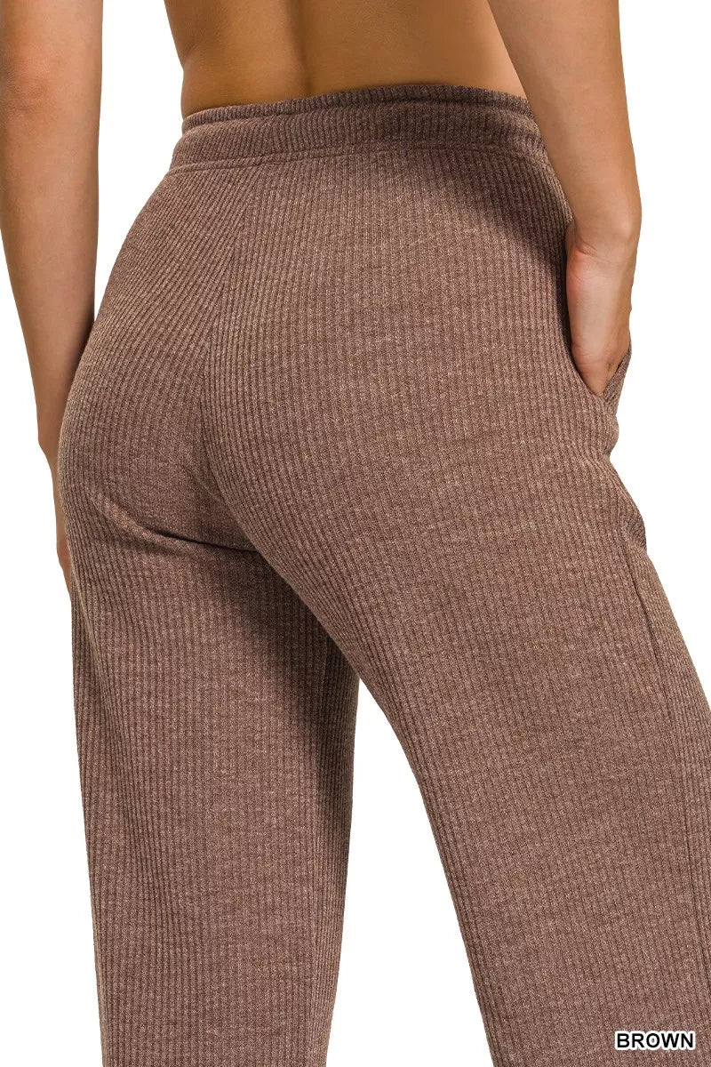 Brown ribbed drawstring lounge pants designed for comfort and casual style with pockets