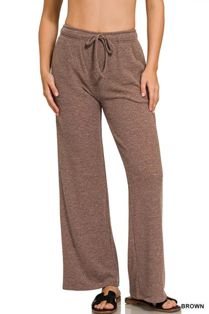 Trendsi ribbed drawstring lounge pants in brown for comfortable all-day wear