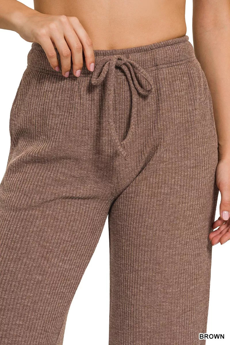 Trendsi ribbed drawstring lounge pants in brown for comfortable and casual wear