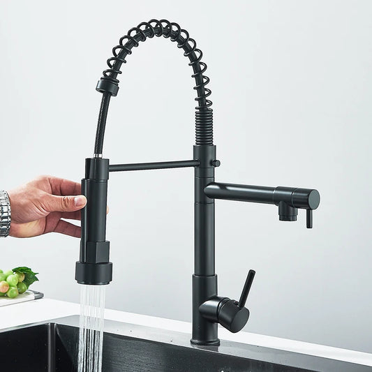 SUS 304 deck mounted kitchen faucet in black with pull-down sprayer and modern design for versatile kitchen use