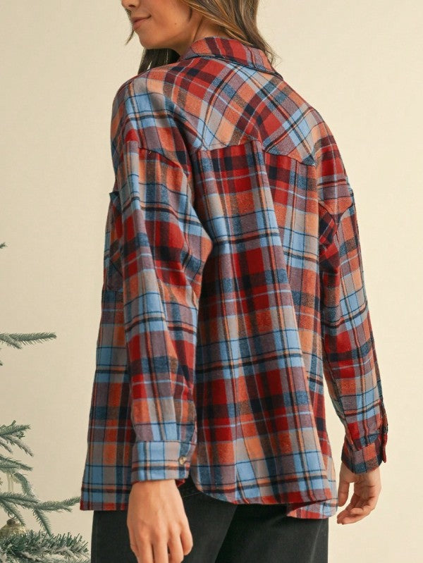 Shophouse Northwest cotton boho plaid shacket back view red blue tan relaxed fit long sleeve shirt