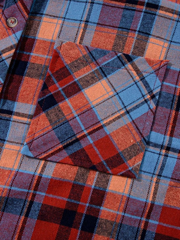 Shophouse Northwest cotton boho plaid shacket close up of orange blue red plaid pocket and button