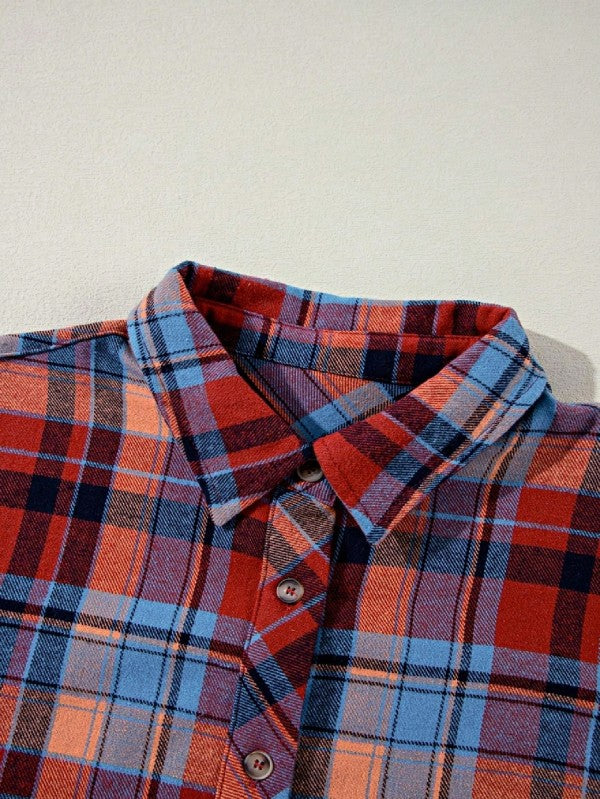 Shophouse Northwest cotton boho plaid shacket close up of red orange and blue plaid collar and buttons
