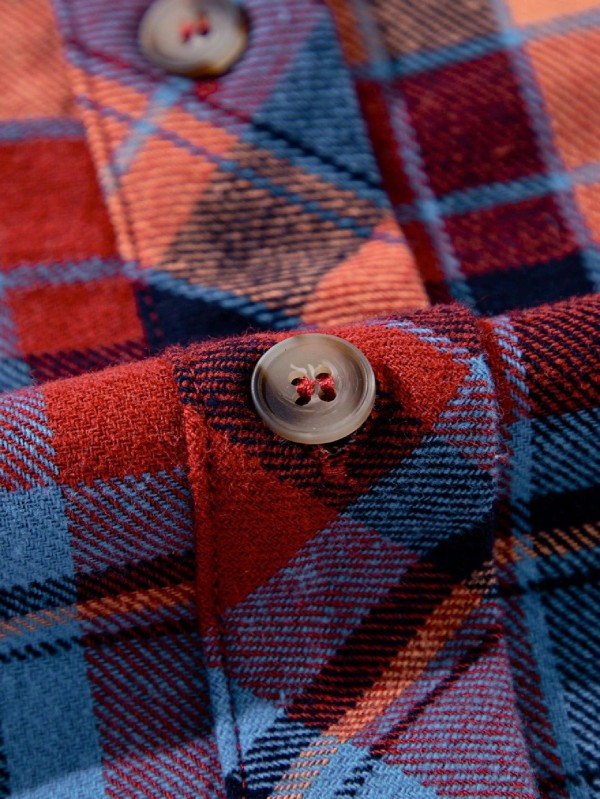 Shophouse Northwest cotton boho plaid shacket close up red blue orange plaid shirt with buttons