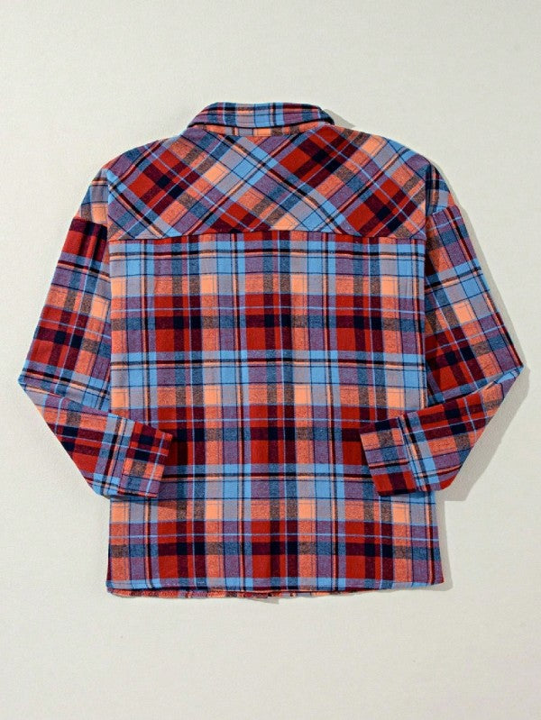 Shophouse Northwest cotton boho plaid shacket back view in red blue and orange plaid long sleeve collared shirt jacket