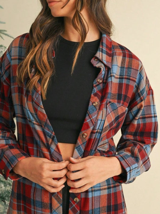 Shophouse Northwest cotton boho plaid shacket in red and blue plaid worn open over black crop top
