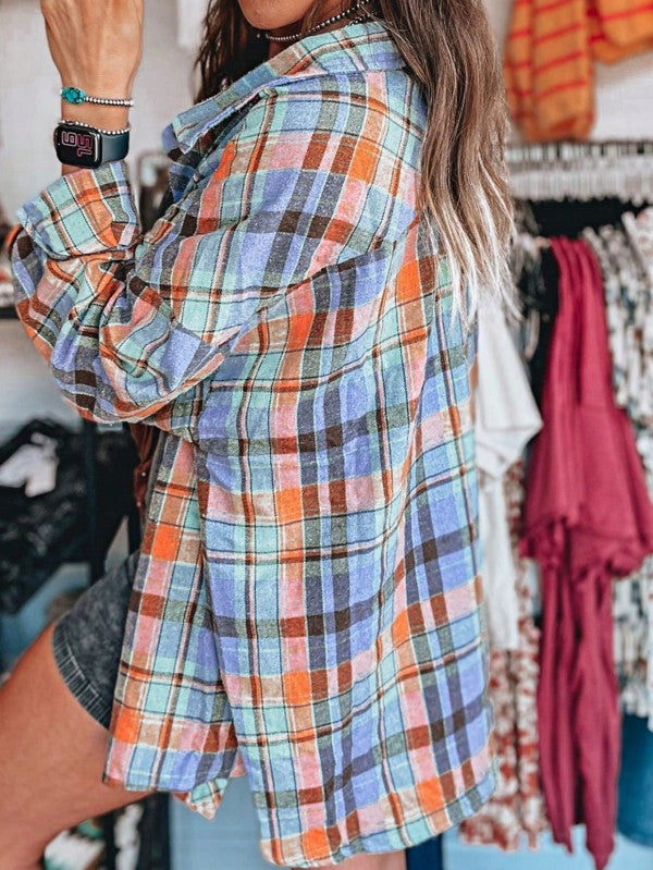 Shophouse Northwest cotton boho plaid shacket in orange blue and teal check pattern oversized lightweight shirt jacket