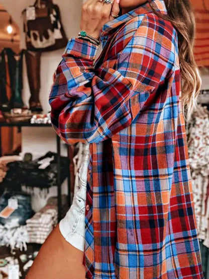 Shophouse Northwest cotton boho plaid shacket oversized red blue orange longline shirt for casual layering