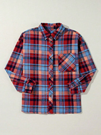 Shophouse Northwest cotton boho plaid shacket red and blue button front long sleeve with chest pocket