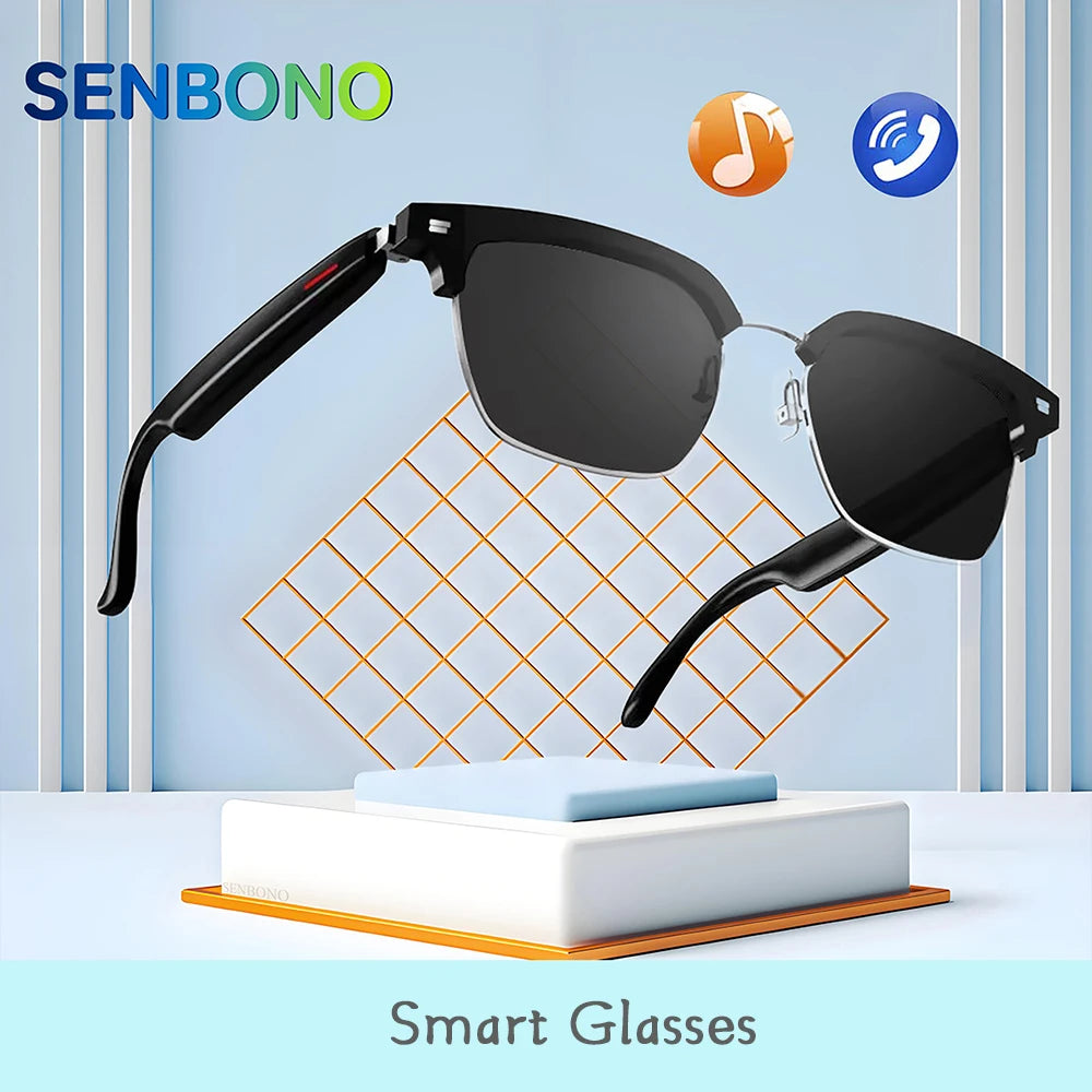 SENBONO black smart sunglasses with speakers and mic for calls and music smart anti-blue light fashion bluetooth glasses