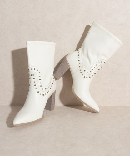 Shophouse Northwest white studded mid calf ankle boots with pointed toe and stacked block heel