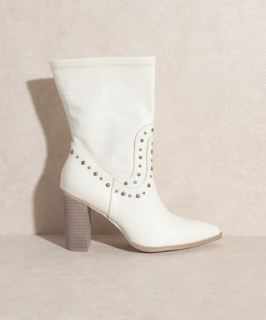 Shophouse Northwest white leather studded mid calf ankle boots with stacked block heel and pointed toe