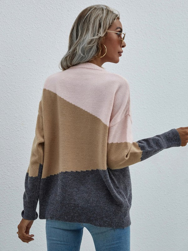 Shophouse Northwest back view colorblock women's long sleeve sweater in pink tan gray relaxed fit