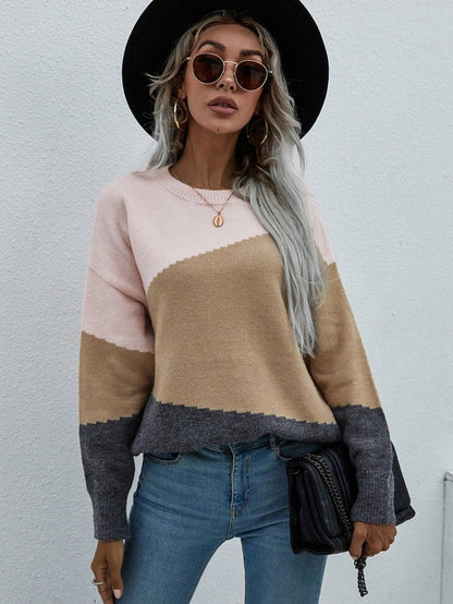 Shophouse Northwest women's long sleeve sweater colorblock pink tan and gray worn with hat and jeans