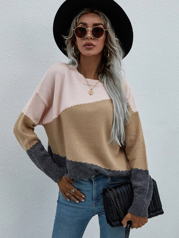 Shophouse Northwest women's long sleeve sweater colorblock pink tan gray on model with hat sunglasses and jeans