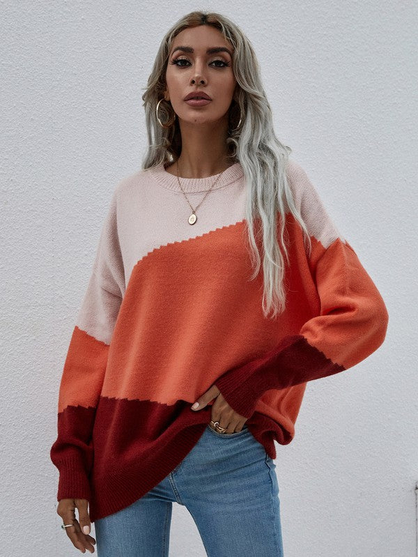Shophouse Northwest colorblock women's long sleeve sweater oversized pullover in blush orange burgundy
